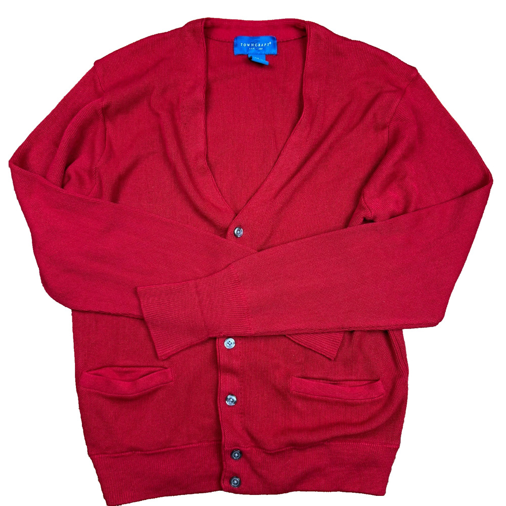 Mens Vintage 80s Red Towncraft Grandpa Cardigan Acrylic Medium